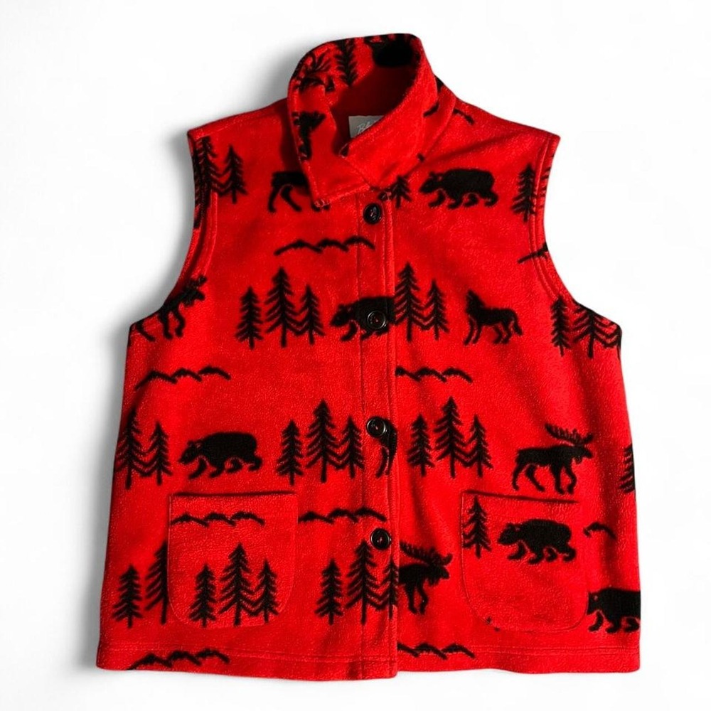 Red/black fleece vest with black moose, bear, and tree graphics, size L